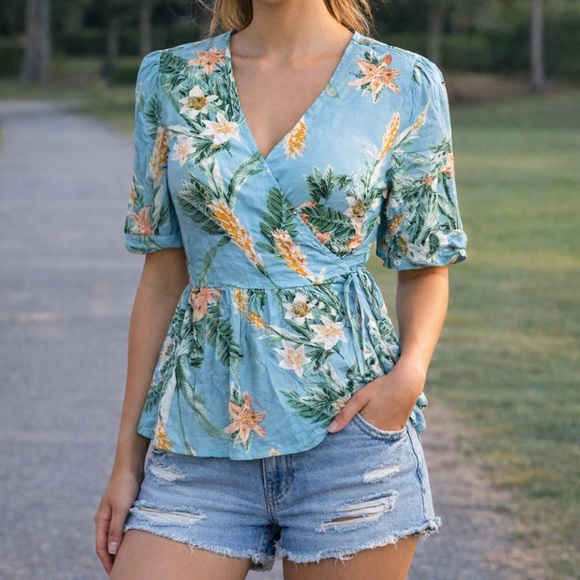 Lucky Brand Tops - Lucky Brand Blue Tropical Floral Peplum Wrap Top Blouse Size S